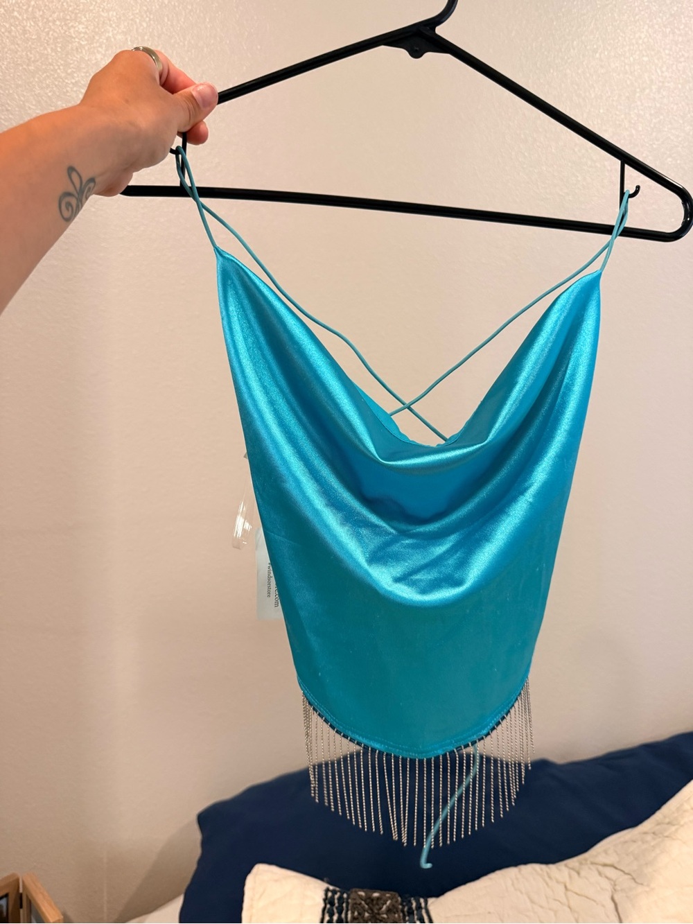Windsor Turquoise Satin Fringe Cowl Tank